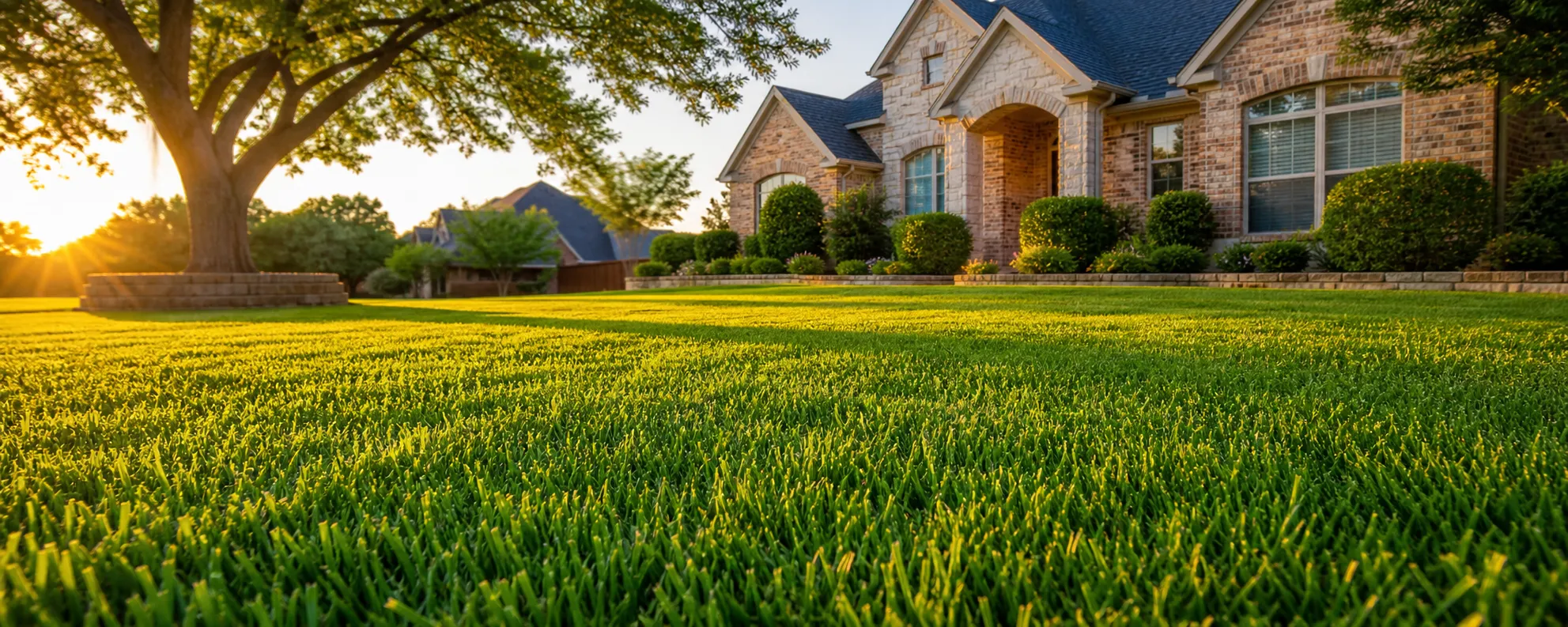 A lush green North Texas suburban lawn at golden hour